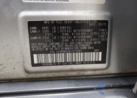 2012 Subaru Outback 2.5I Premium z USA, uszkodzony, nr VIN 4S4BRBGC8C3275687